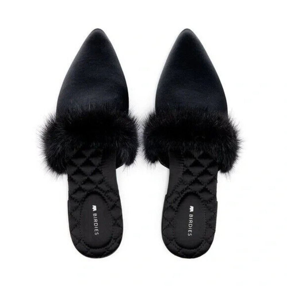 Birdies Womens Dove Black  Mink Fur Pointed Toe Mules Flat